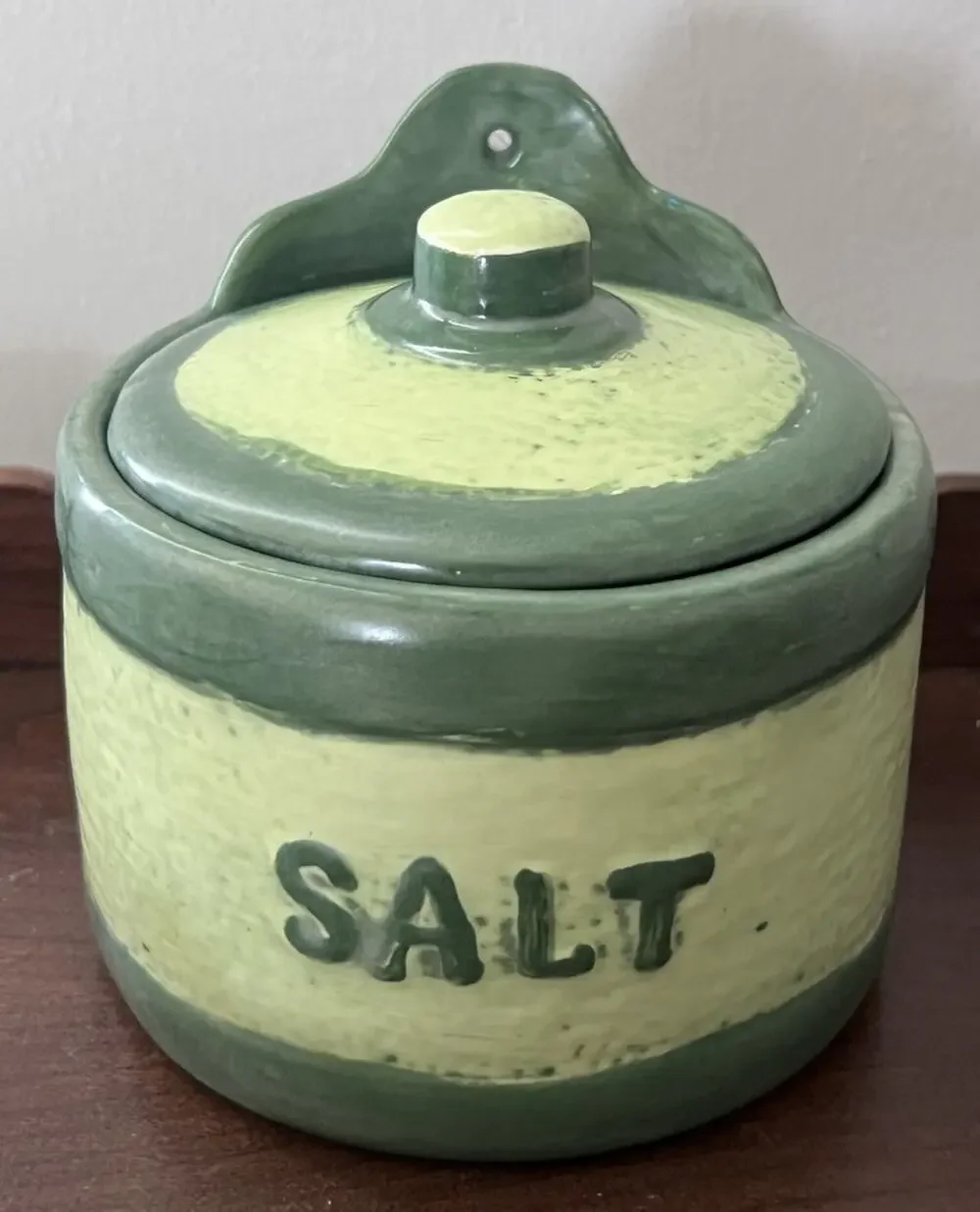 Vintage 1976 Ceramic Salt Cellar Crock Hanging 70s Green Farmhouse Americana